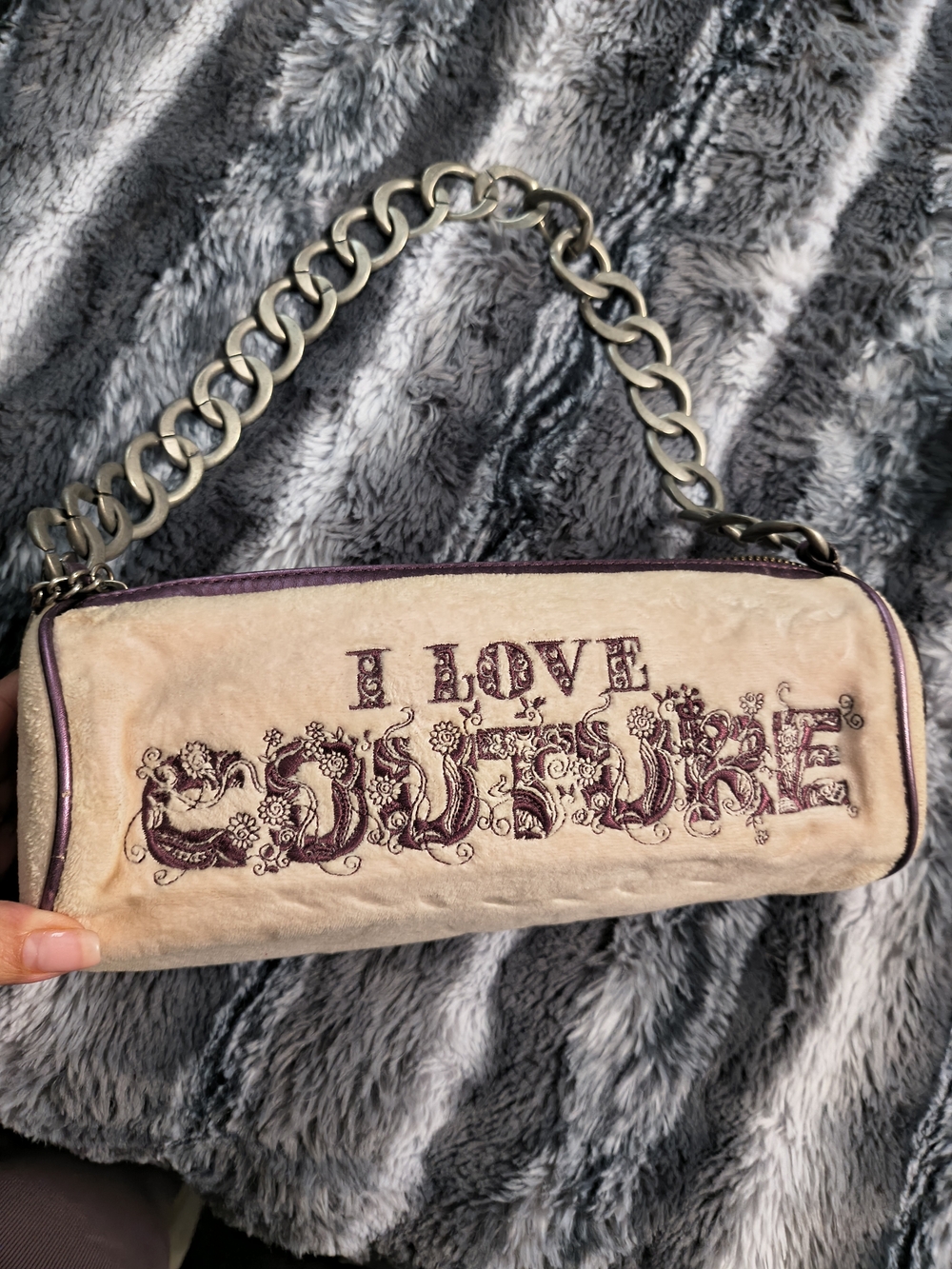 Juicy Couture I Love Couture Embroidered Beige and Purple Shoulder Bag